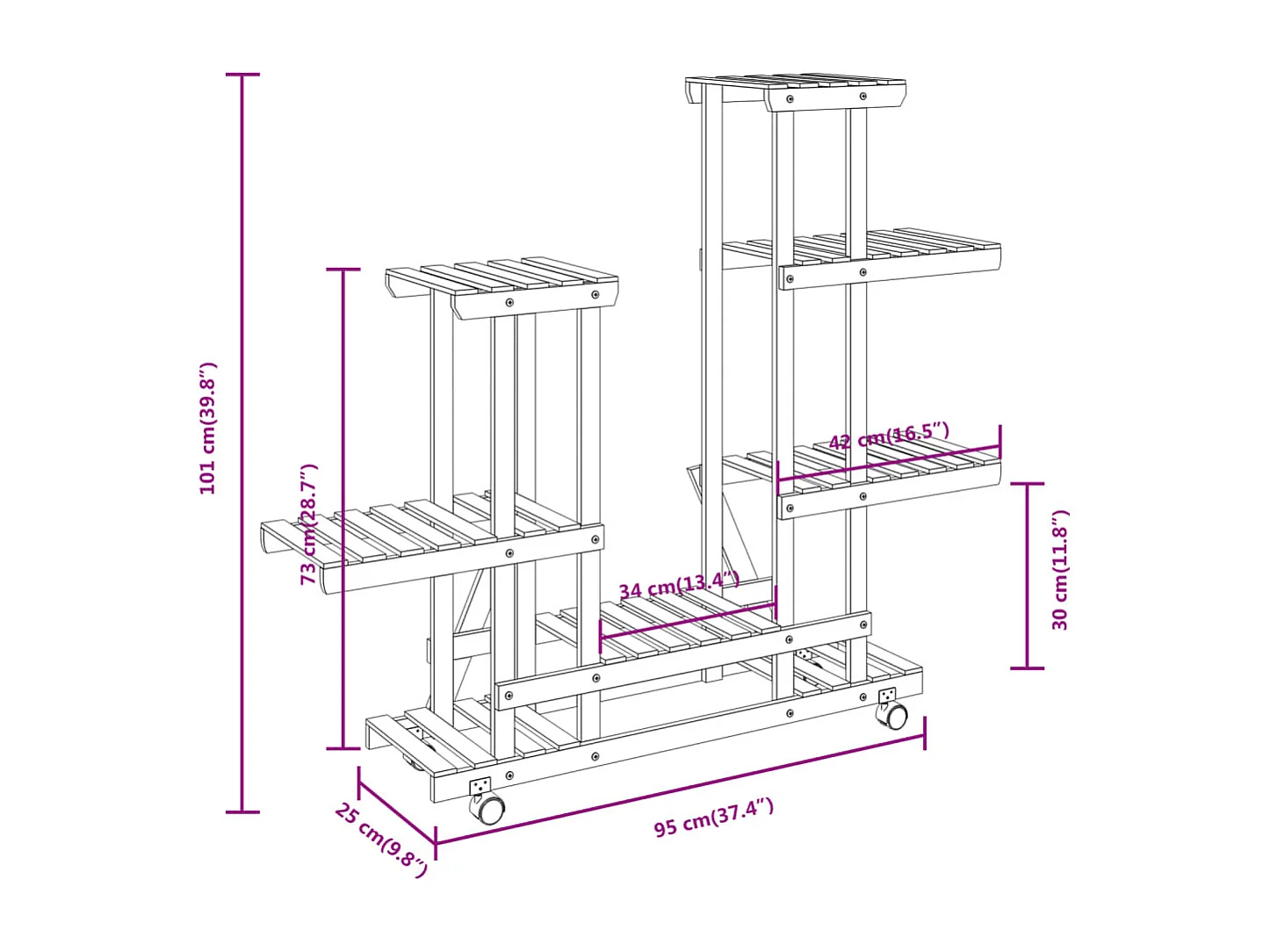 Soporte para flores con ruedas 95x25x101 cm madera maciza de abeto