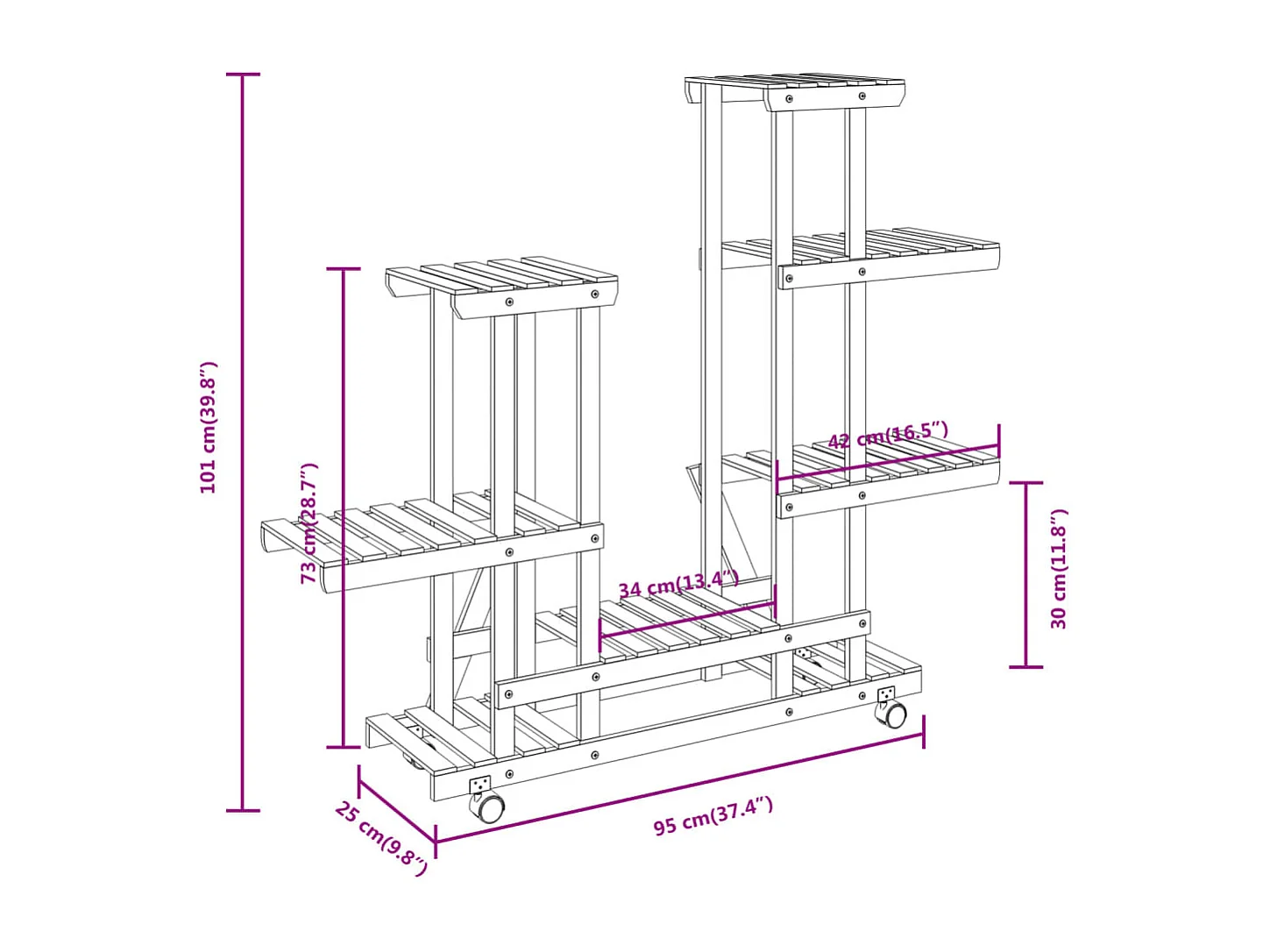 Soporte para flores con ruedas 95x25x101 cm madera maciza de abeto