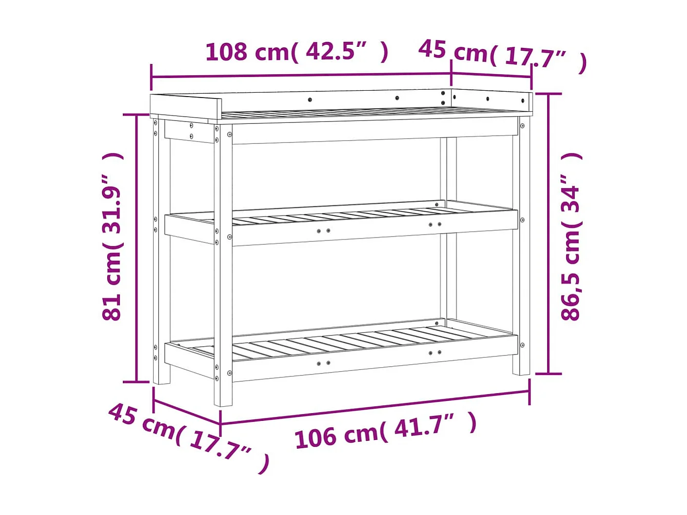 Table de rempotage avec étagères 108x45x86,5 cm bois massif pin