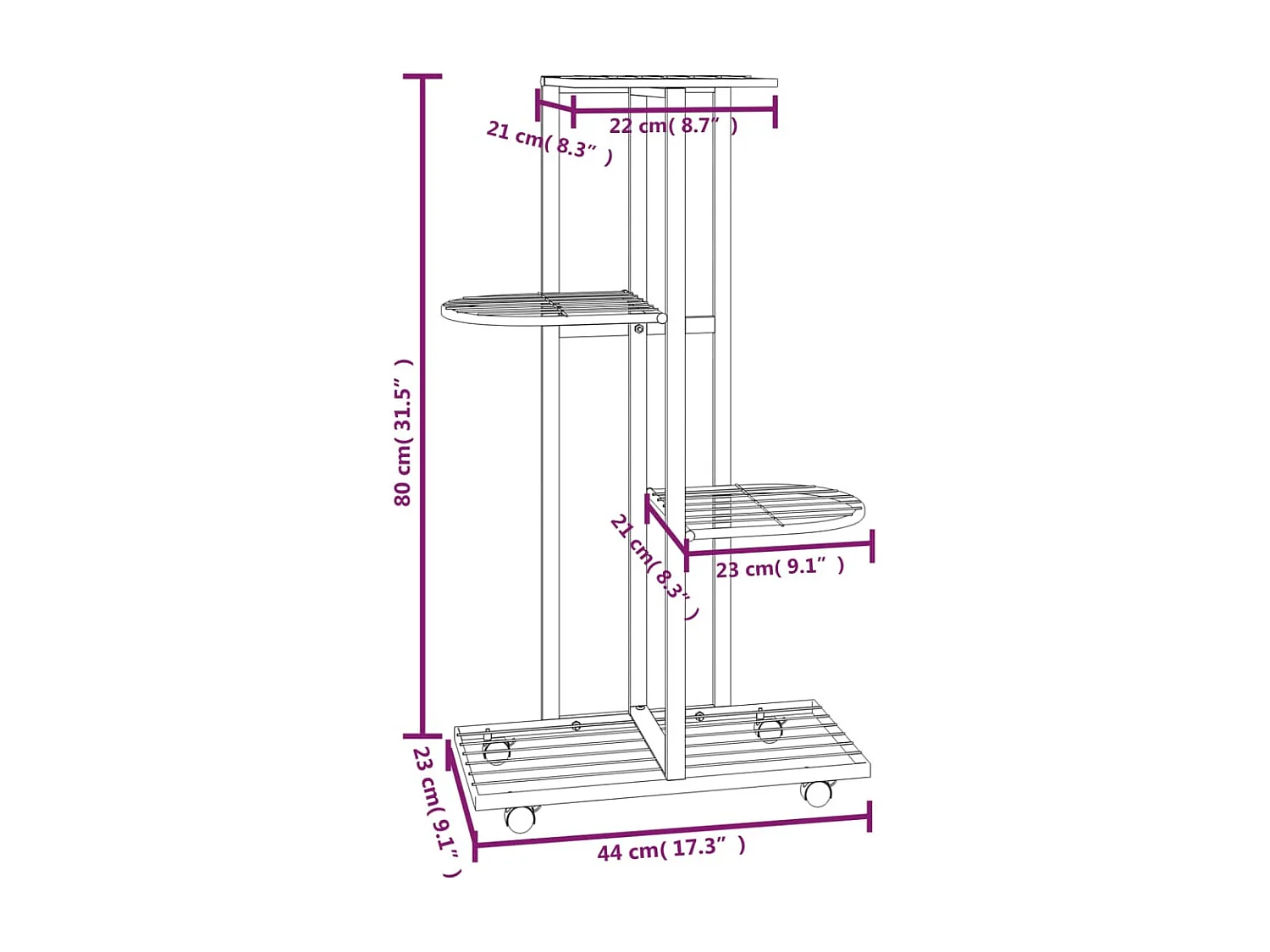 Jardinière à 4 niveaux avec roues 44x23x80 cm Blanc Fer