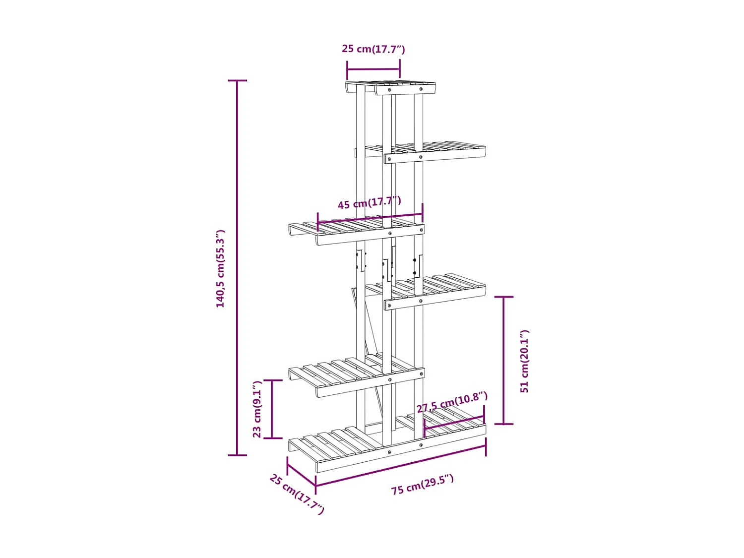 Portafiori 75x25x140,5 cm in legno massello di abete