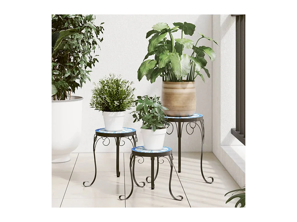 Supports pour plantes 3 pcs bleu et blanc céramique