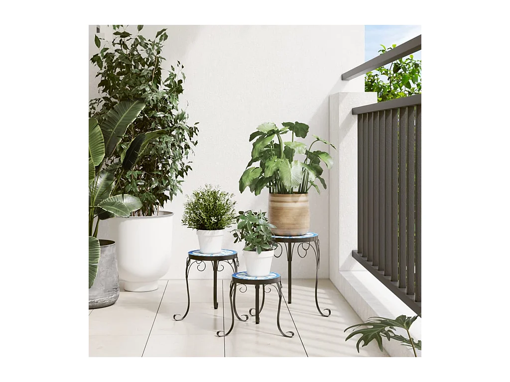 Supports pour plantes 3 pcs bleu et blanc céramique