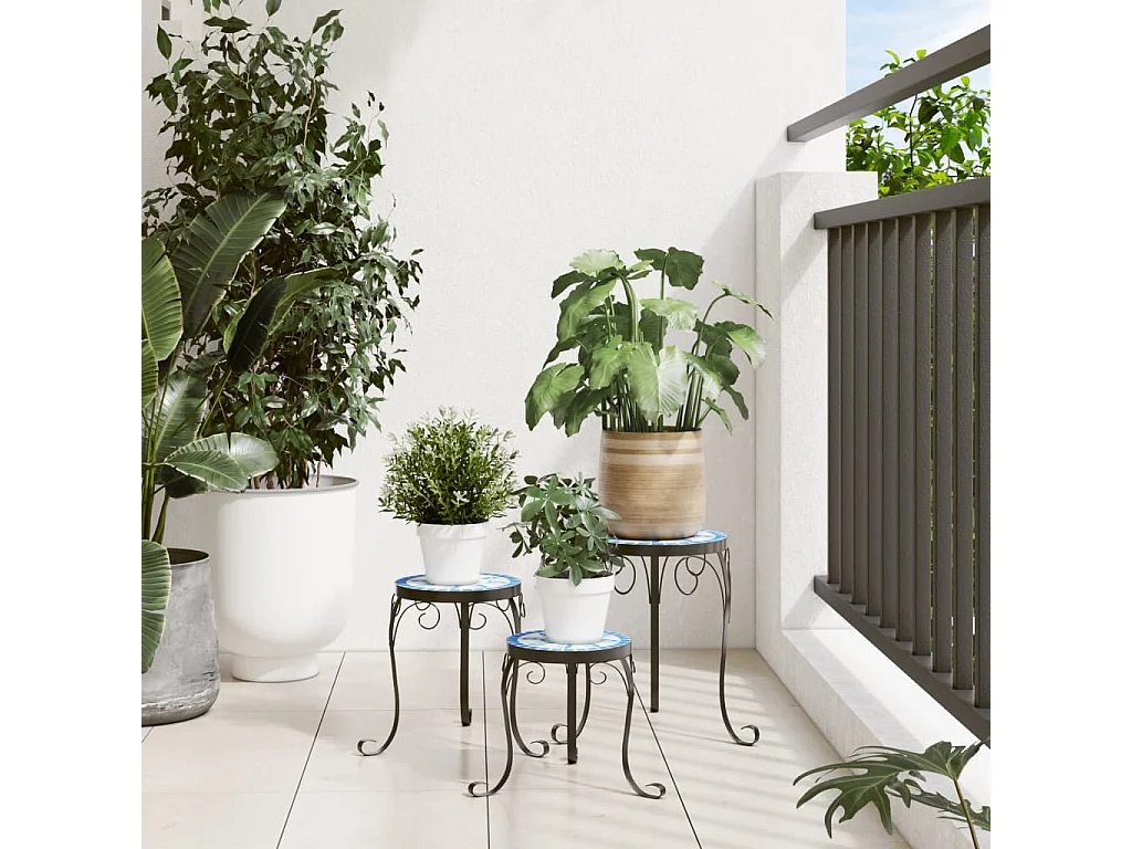 Supports pour plantes 3 pcs bleu et blanc céramique