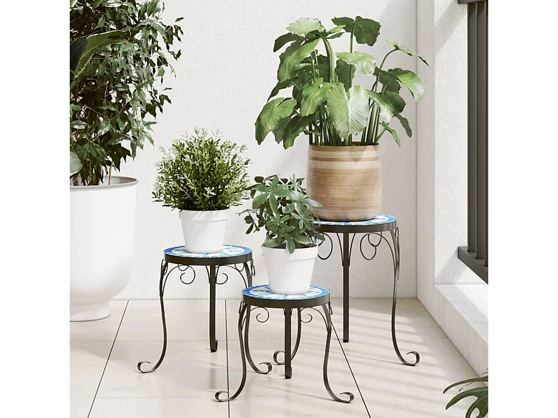 Supports pour plantes 3 pcs bleu et blanc céramique