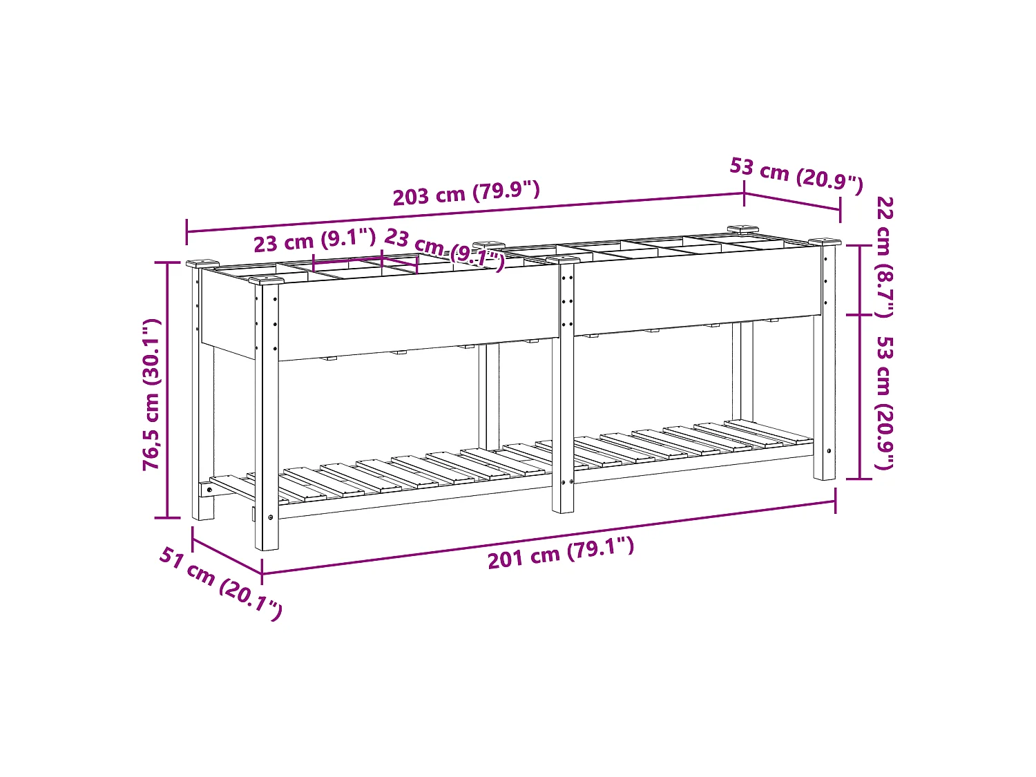 Jardinier avec grilles 203x53x76 cm en bois massif de sapin