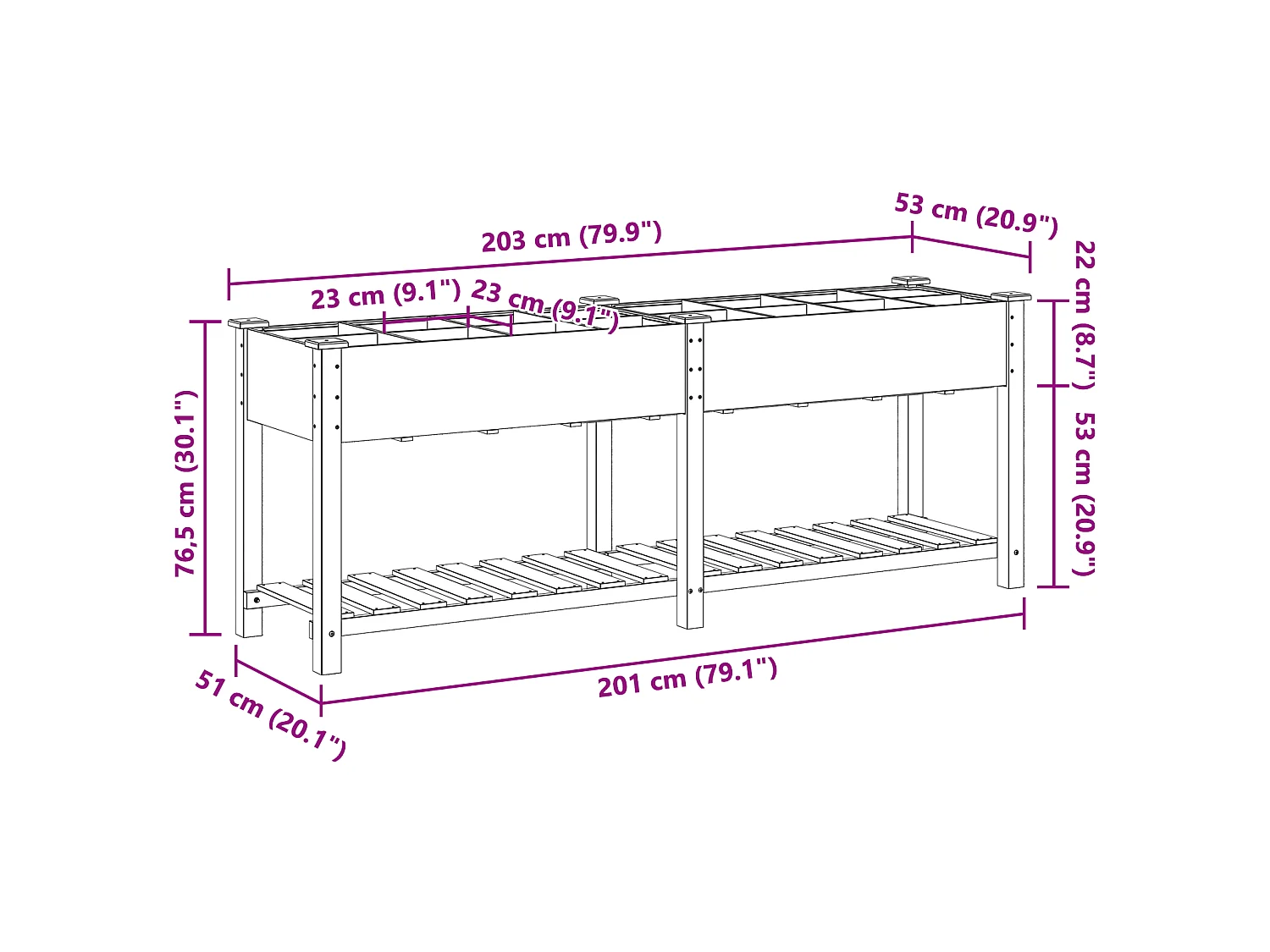 Jardinier avec grilles 203x53x76 cm en bois massif de sapin