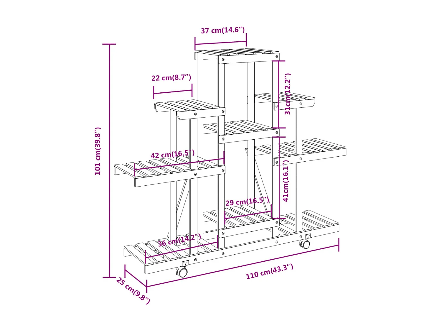 Soporte para flores con ruedas 110x25x101 cm madera maciza de abeto