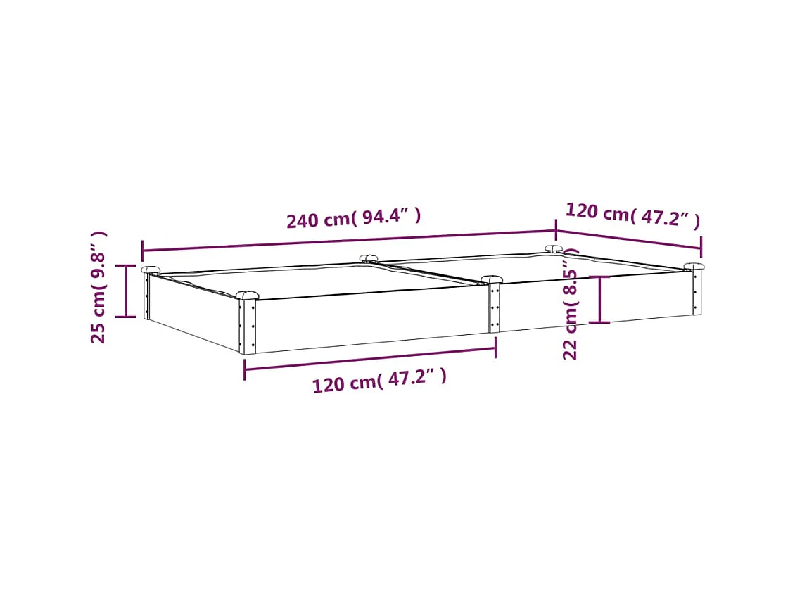 Lit surélevé de jardin doublure 240x120x25 cm bois massif sapin
