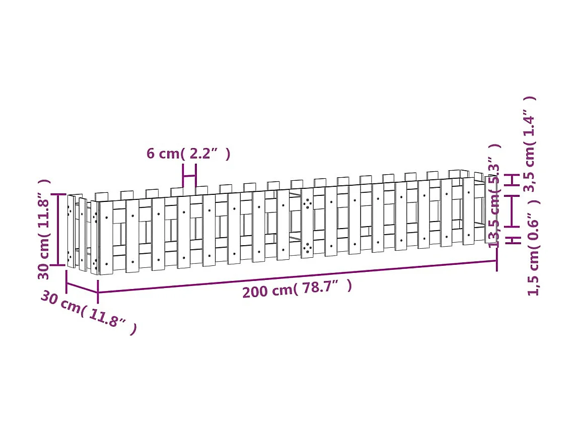Design verhoogd tuinbed met omheining 200x30x30cm massief grenen