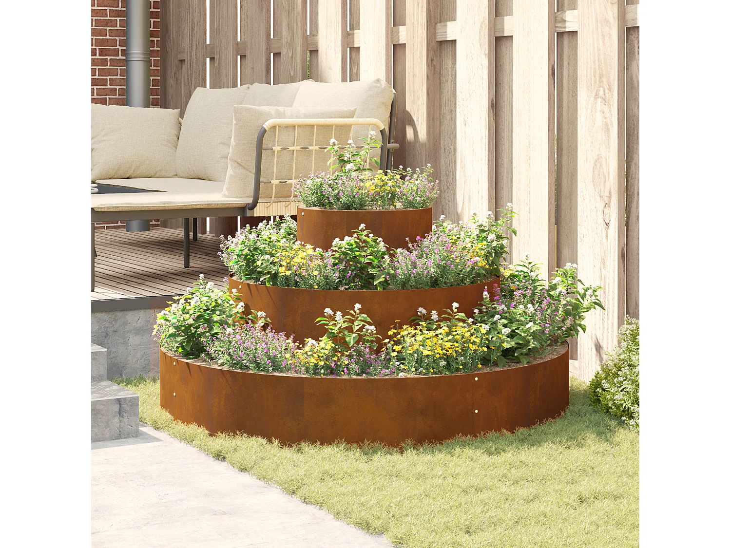 Vaso in acciaio Corten Ø 120 cm con intarsi decorativi