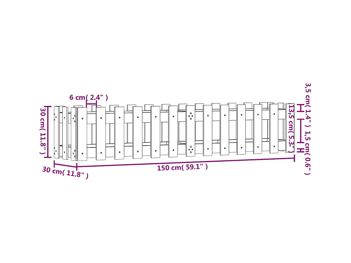 Lit surélevé de jardin design de clôture 150x30x30cm pin massif
