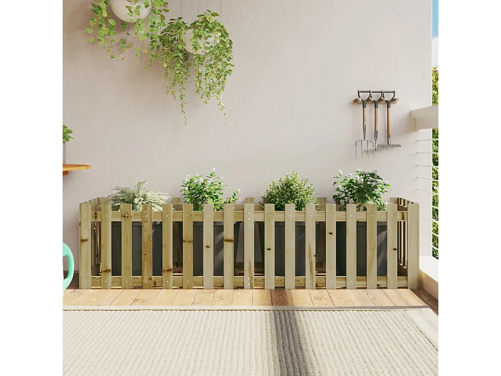 Cama de jardín elevada con diseño de valla de madera de pino impregnada