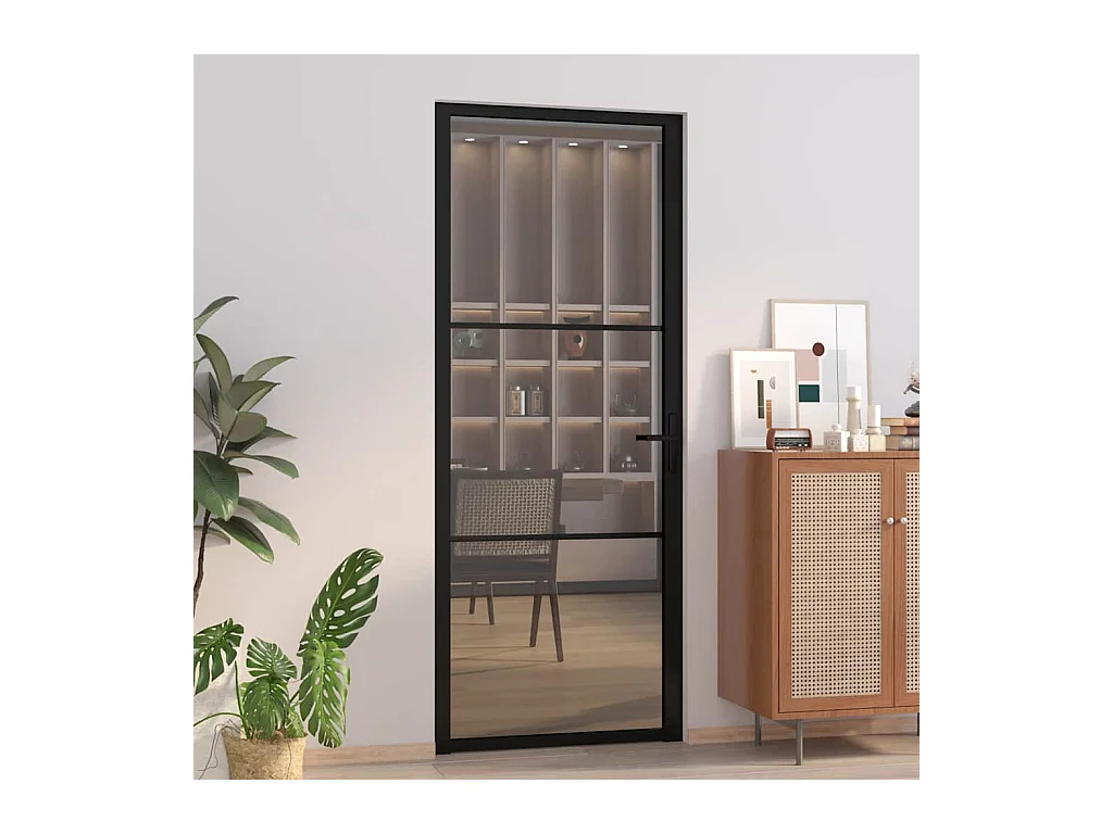 Porte intérieure 83x201,5 cm Noir Verre ESG et aluminium