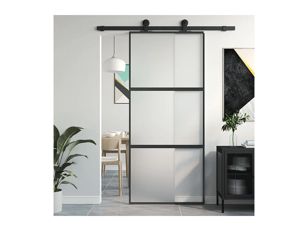 Zwarte schuifdeur 90x205 cm gehard glas aluminium