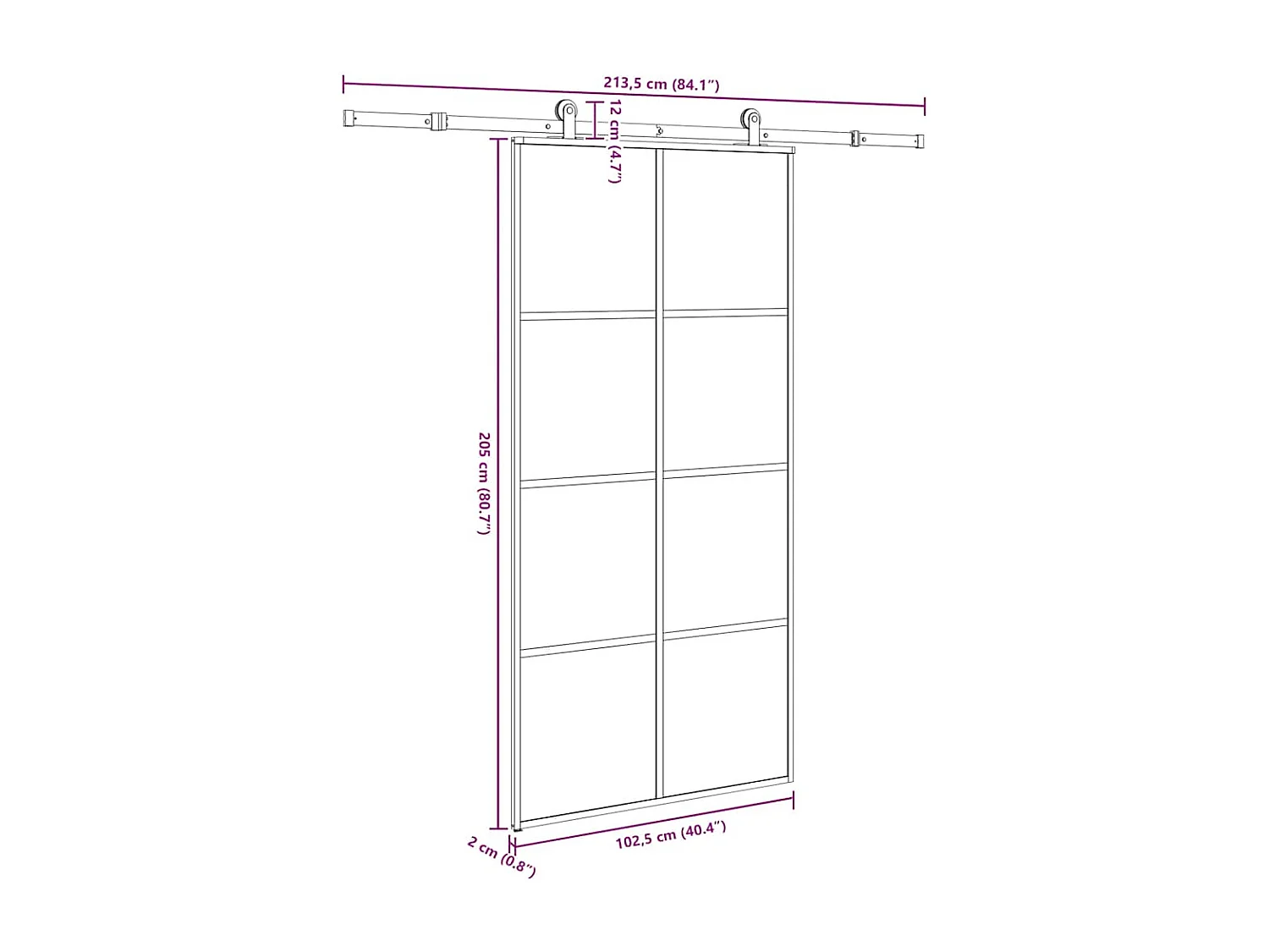 Porte coulissante et kit de quincaillerie 102,5x205cm Verre ESG