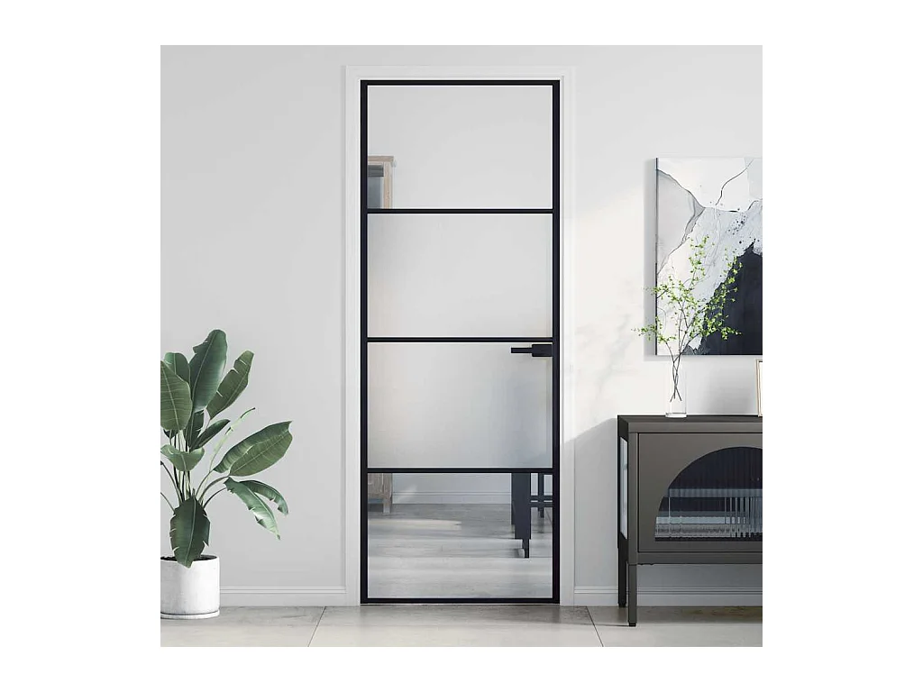 Porta interna sottile nera 76x201,5 cm vetro temperato alluminio