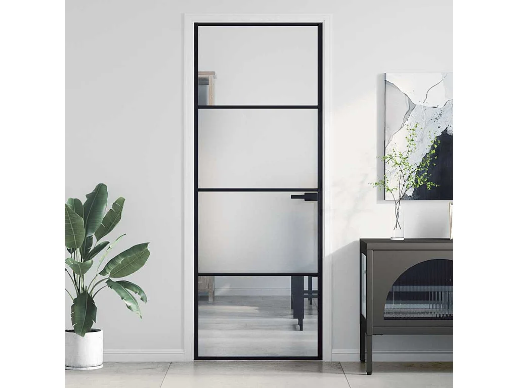 Puerta interior fina negra 76x201,5 cm cristal templado aluminio