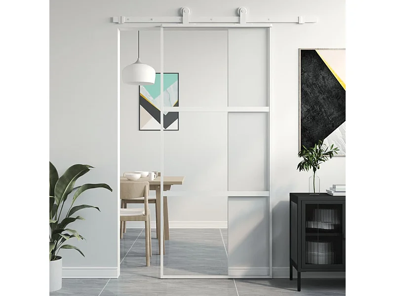 Porte coulissante blanc 90x205 cm verre trempé aluminium