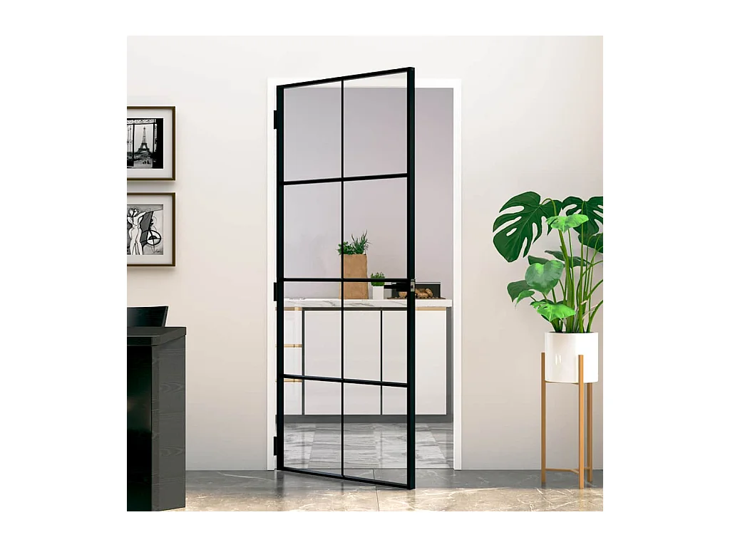 Zwarte binnendeur 93x201,5 cm Gehard glas dun aluminium