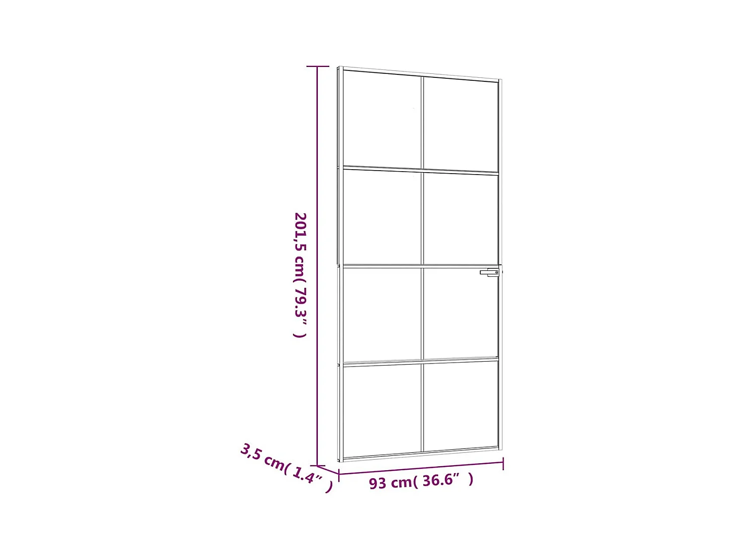Zwarte binnendeur 93x201,5 cm Gehard glas dun aluminium