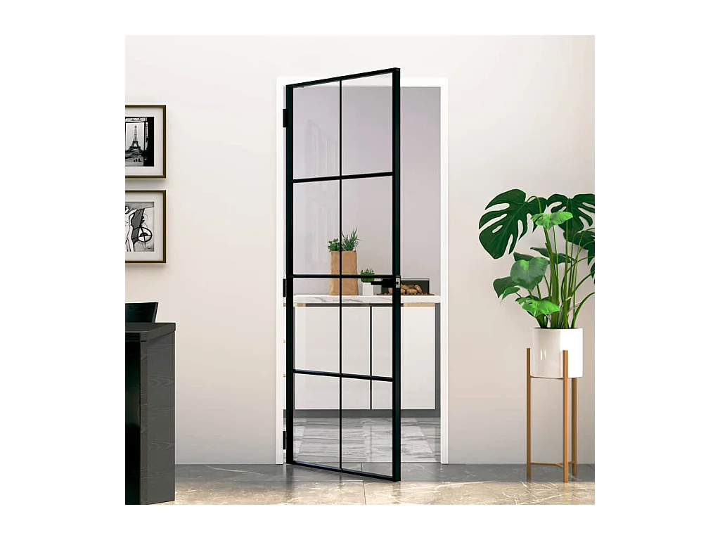 Porta interna nera 83x201,5 cm Vetro temperato alluminio sottile