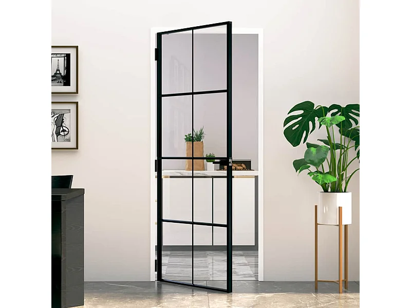 Porta interna nera 83x201,5 cm Vetro temperato alluminio sottile
