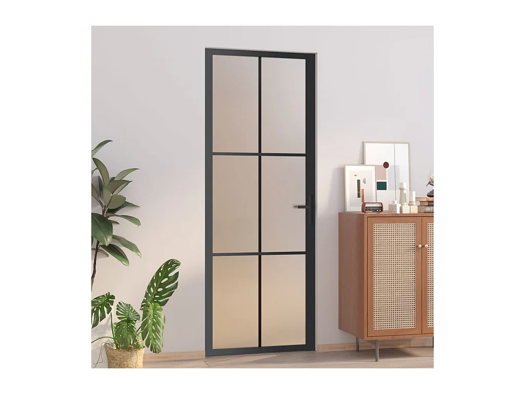 Porta interna 76x201,5 cm Vetro Nero Opaco e Alluminio