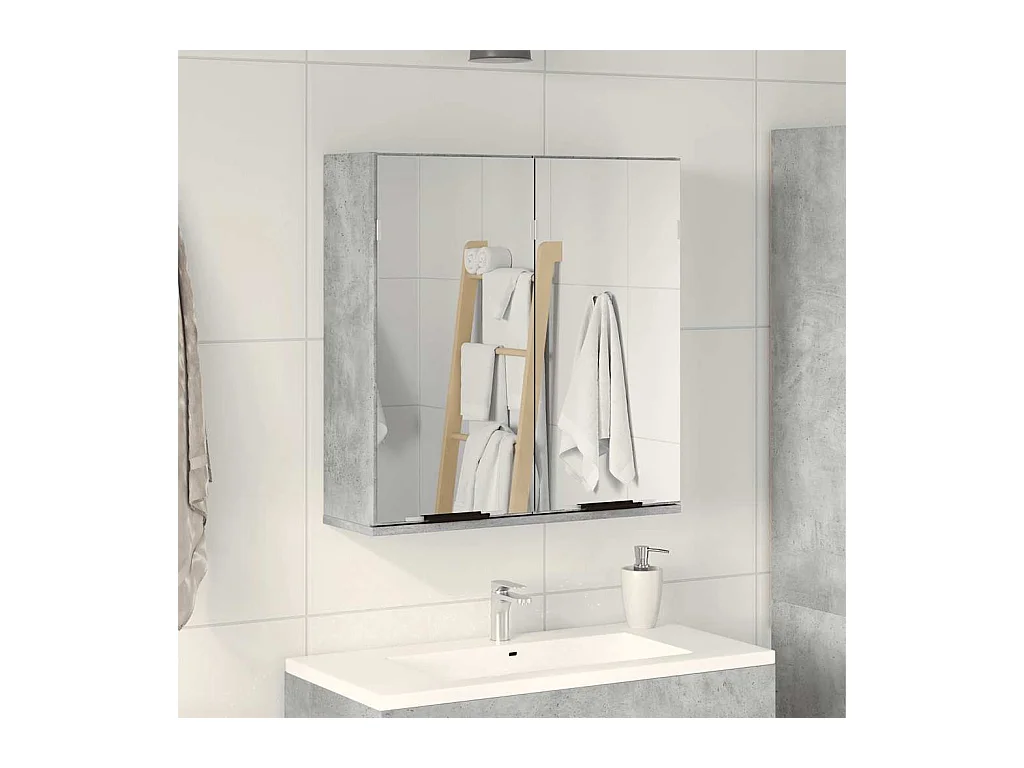 Mobiletto per bagno con specchio in legno ingegnerizzato grigio cemento