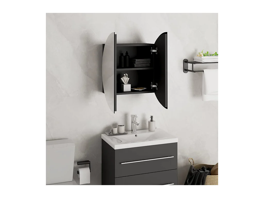 Mobiletto da bagno rotondo con specchio e luci LED, nero, 40x40x17,5 cm