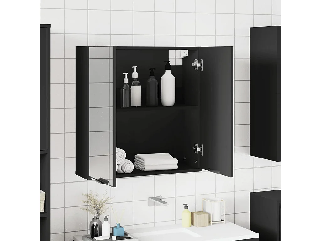 Mobiletto per bagno con specchio in legno ingegnerizzato nero