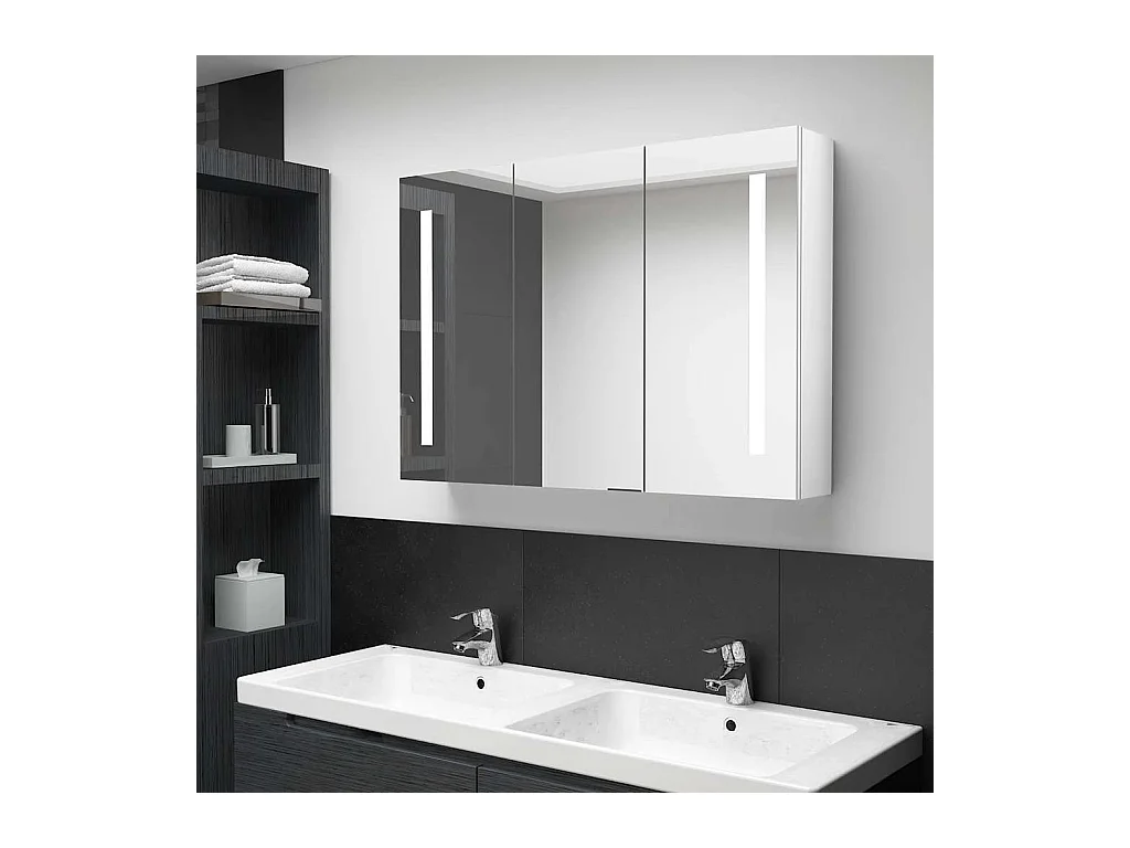 Mobiletto bagno con specchio LED 89x14x62cm Bianco lucido