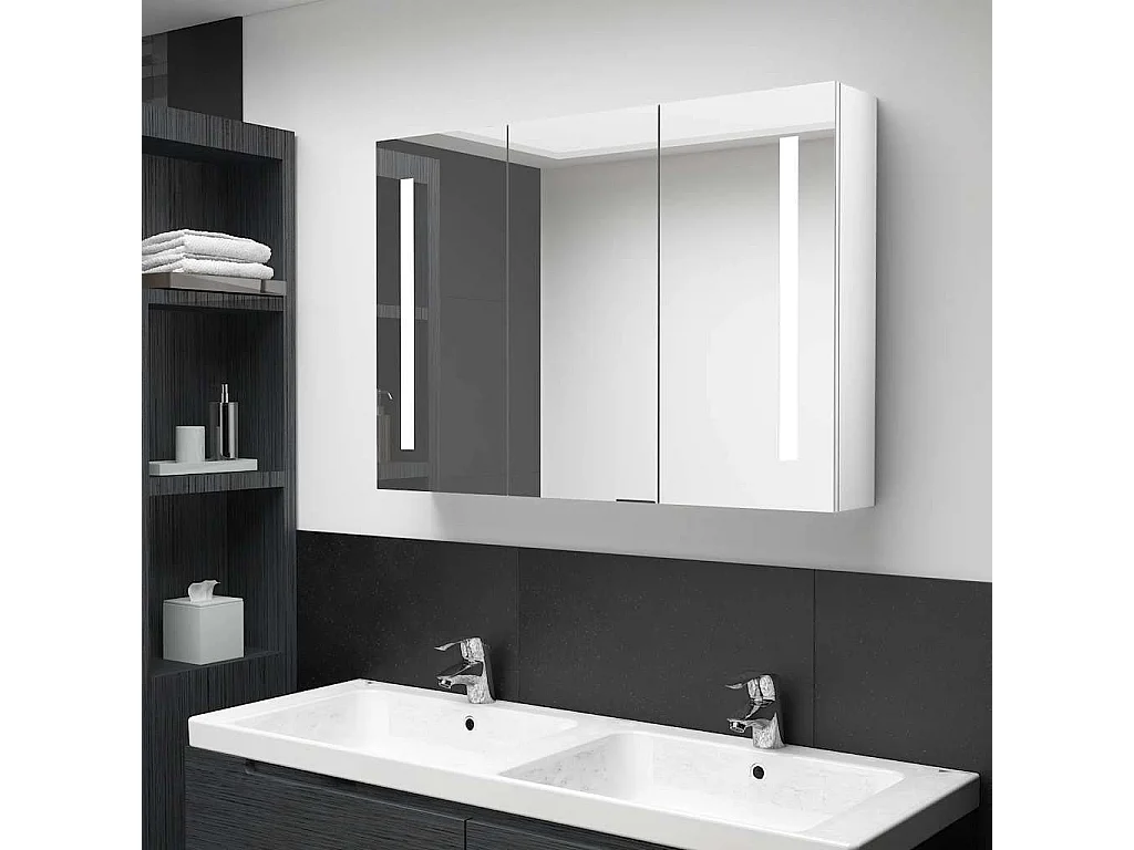 Mobiletto bagno con specchio LED 89x14x62cm Bianco lucido