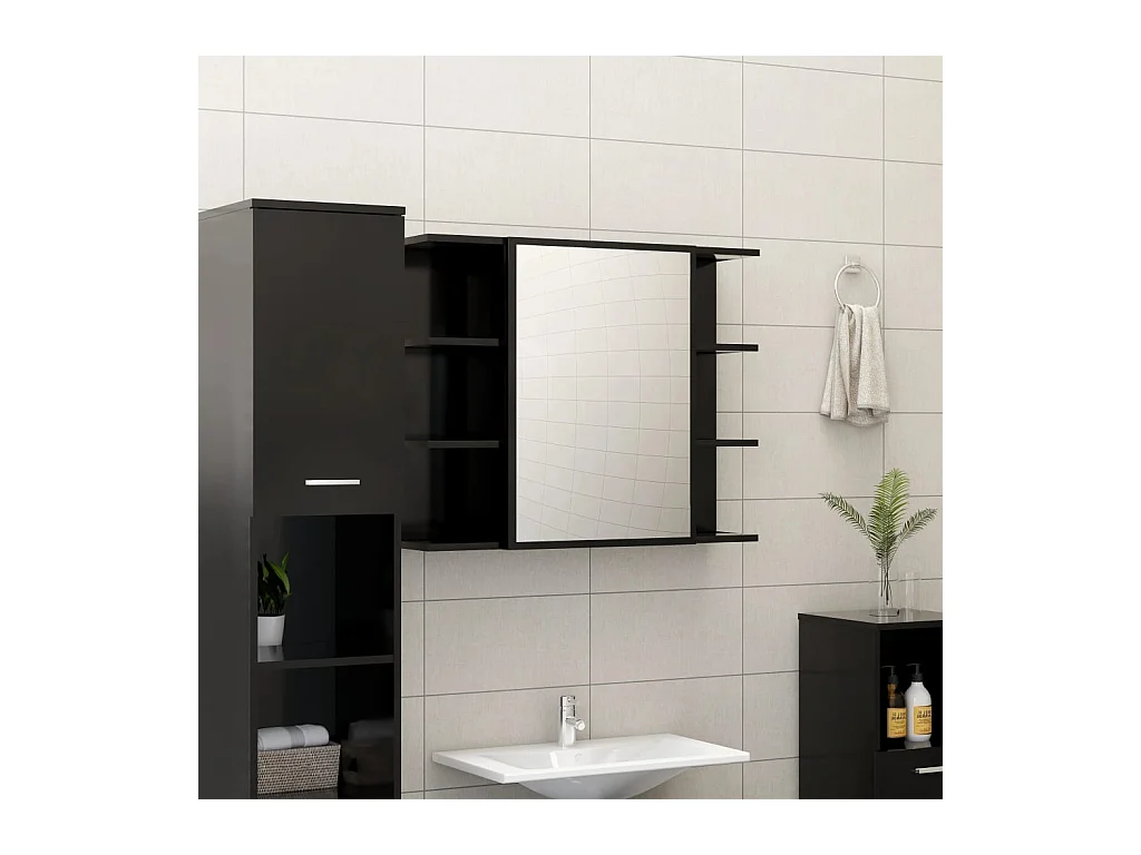 Armoire à miroir de salle de bain Noir Bois d’ingénierie
