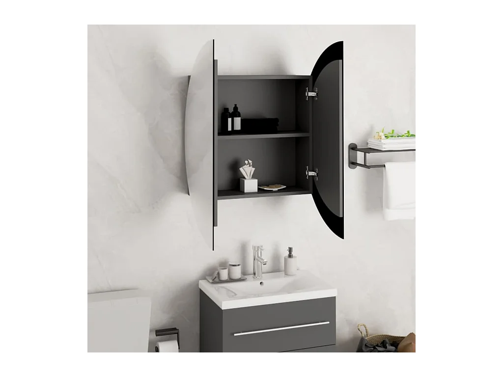 Mobiletto da bagno rotondo con specchio e luci LED, Grigio, 54x54x17,5 cm