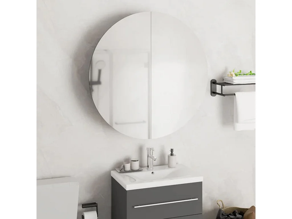 Mobiletto da bagno rotondo con specchio e luci LED, Grigio, 54x54x17,5 cm