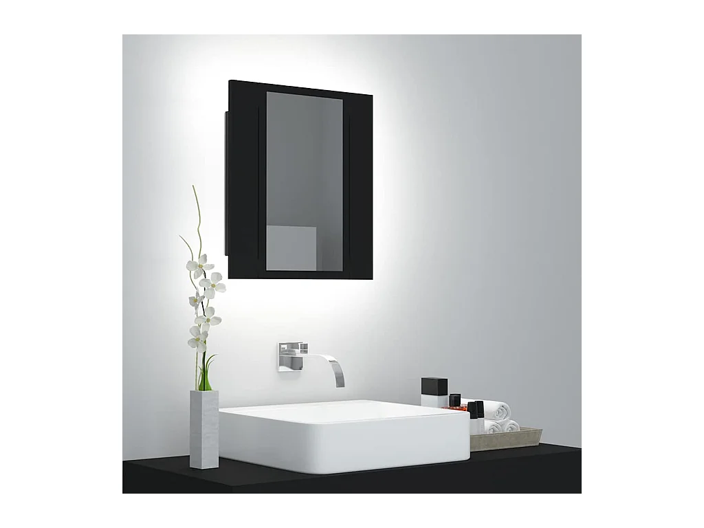 Armario de baño con espejo LED, acrílico negro, 40 x 12 x 45 cm
