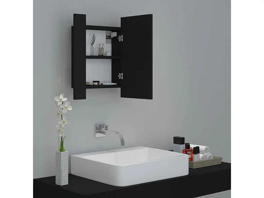 Armario de baño con espejo LED, acrílico negro, 40 x 12 x 45 cm