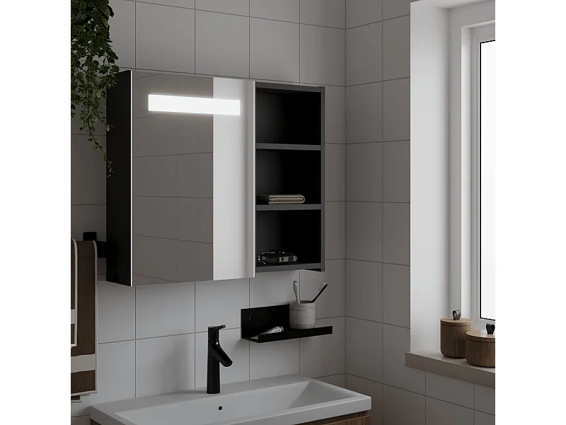 Armoire de salle de bain à miroir avec LED noir 60x13x52 cm