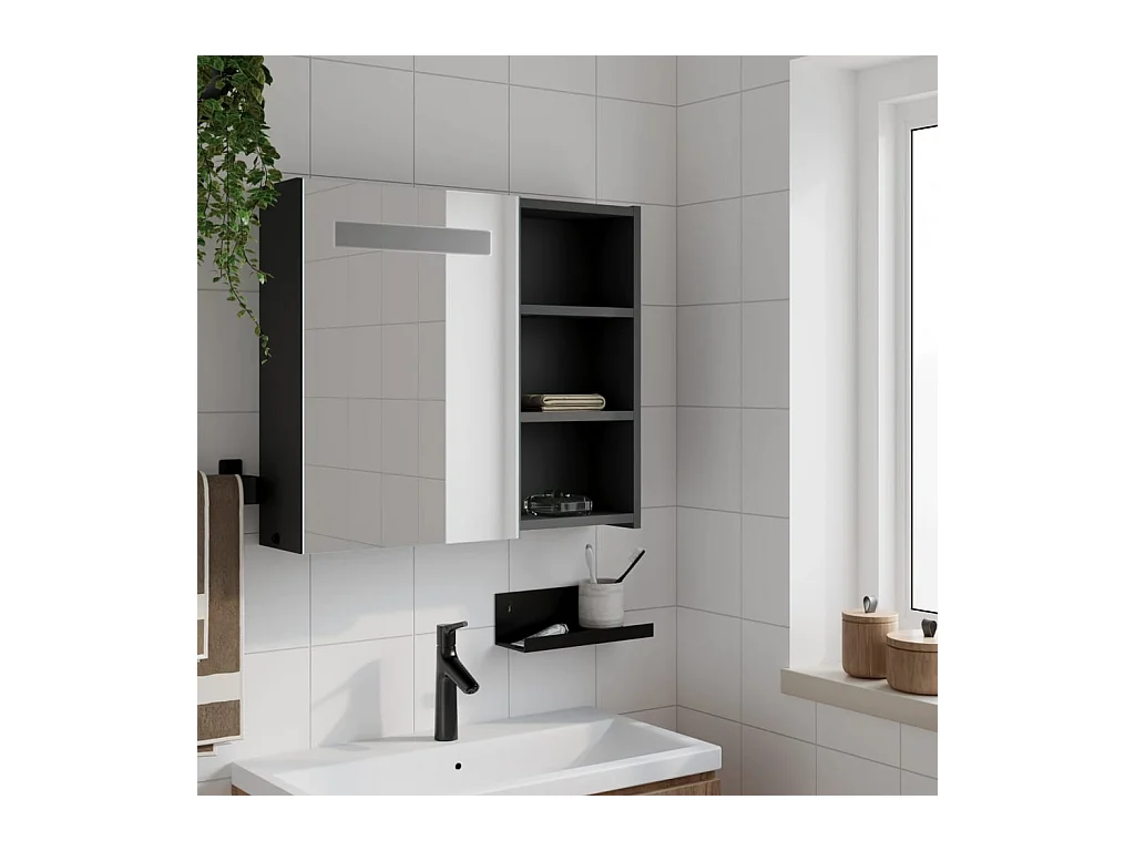 Armoire de salle de bain à miroir avec LED noir 60x13x52 cm
