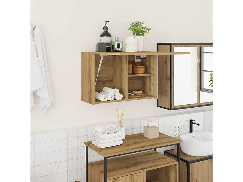 Mobiletto da bagno da parete in legno di rovere ingegnerizzato, realizzato a mano