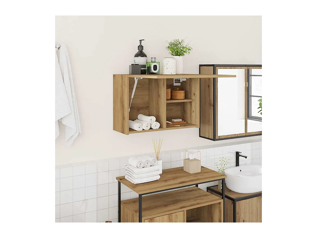 Mobiletto da bagno da parete in legno di rovere ingegnerizzato, realizzato a mano