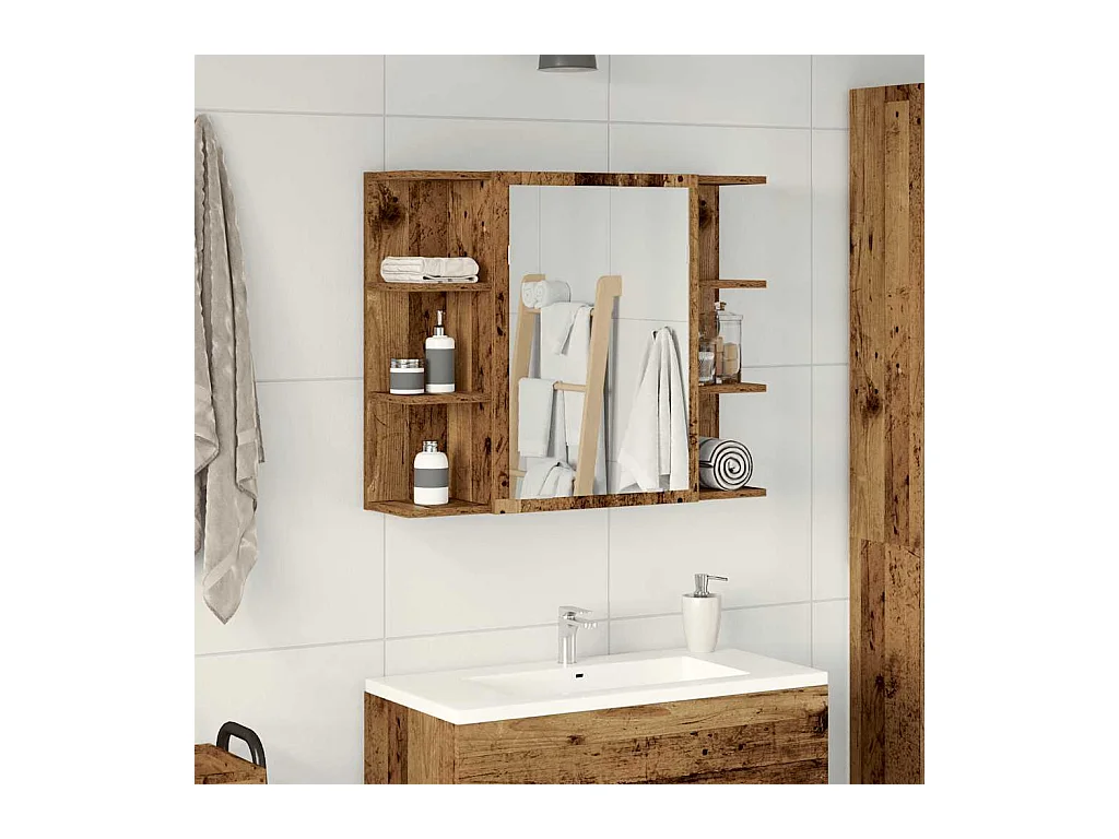 Mueble de baño con espejo de madera vieja de ingeniería de madera