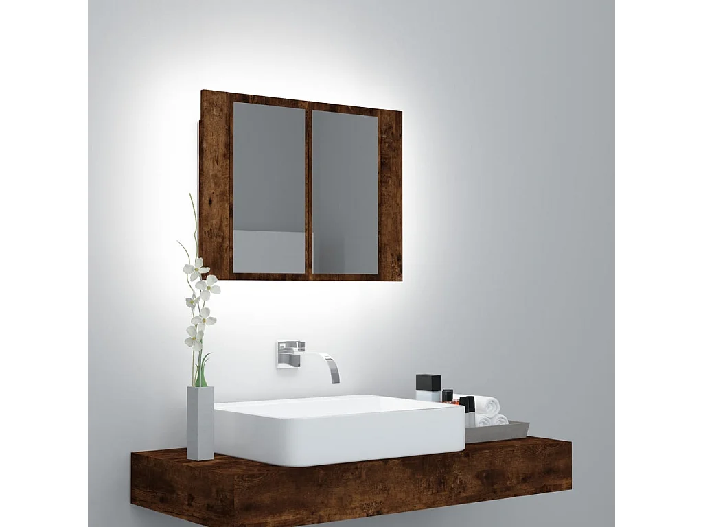 Mobiletto a specchio LED Rovere affumicato 60x12x45 cm Legno composito