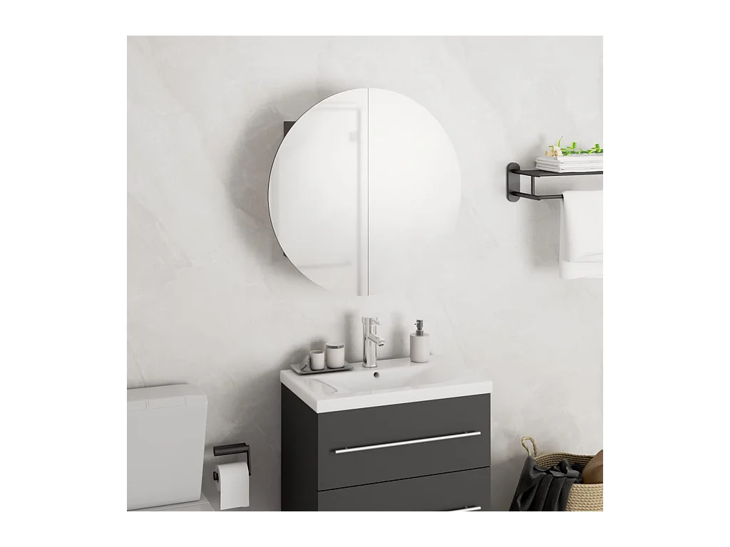Mobiletto da bagno rotondo con specchio e luci LED, Grigio, 40x40x17,5 cm