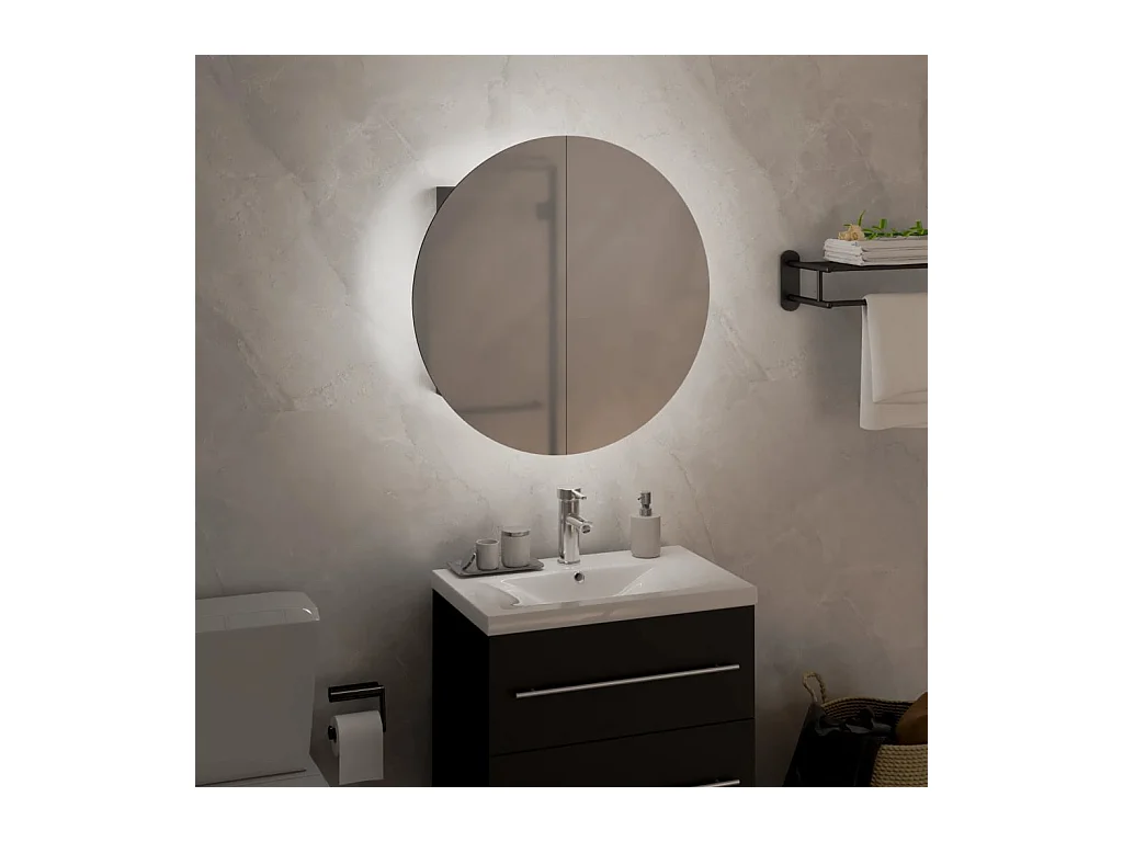 Mobiletto da bagno rotondo con specchio e luci LED, Grigio, 40x40x17,5 cm