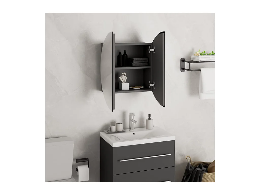 Mobiletto da bagno rotondo con specchio e luci LED, Grigio, 40x40x17,5 cm