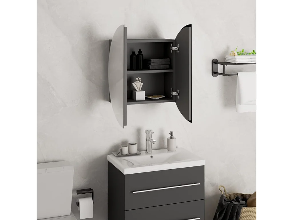 Mobiletto da bagno rotondo con specchio e luci LED, Grigio, 40x40x17,5 cm