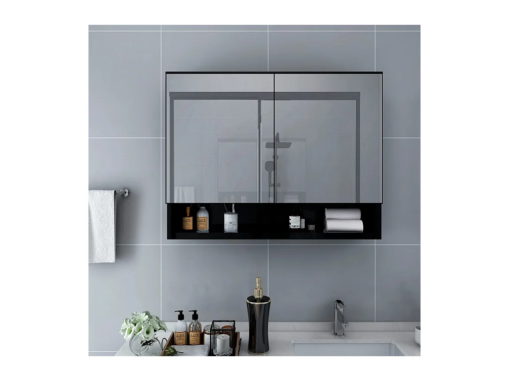 Mobiletto per bagno con specchio LED nero 80x15x60 cm MDF