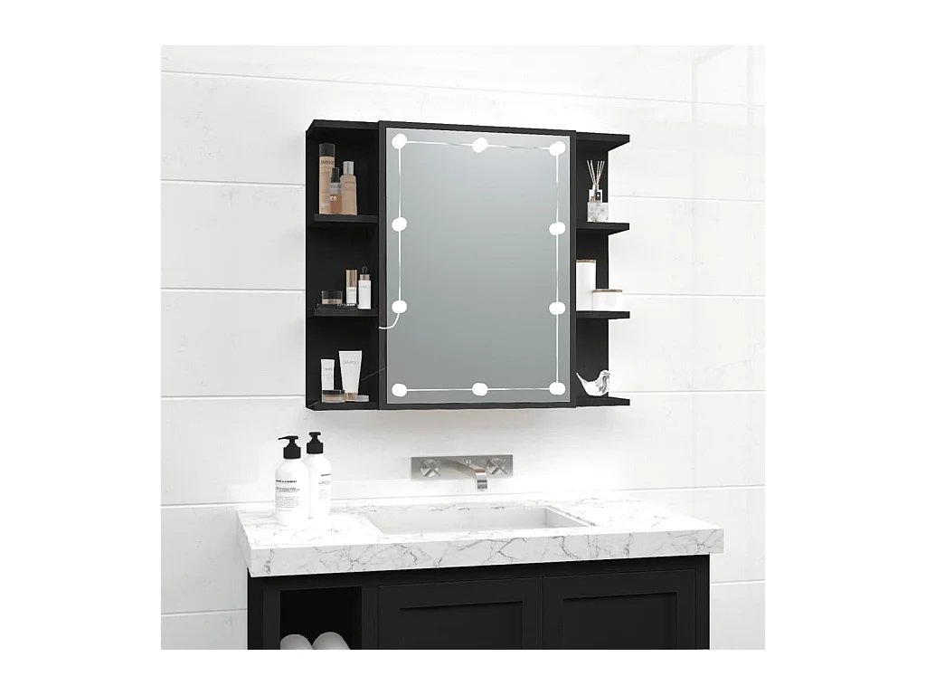 Mobiletto a specchio con LED nero 70x16,5x60 cm